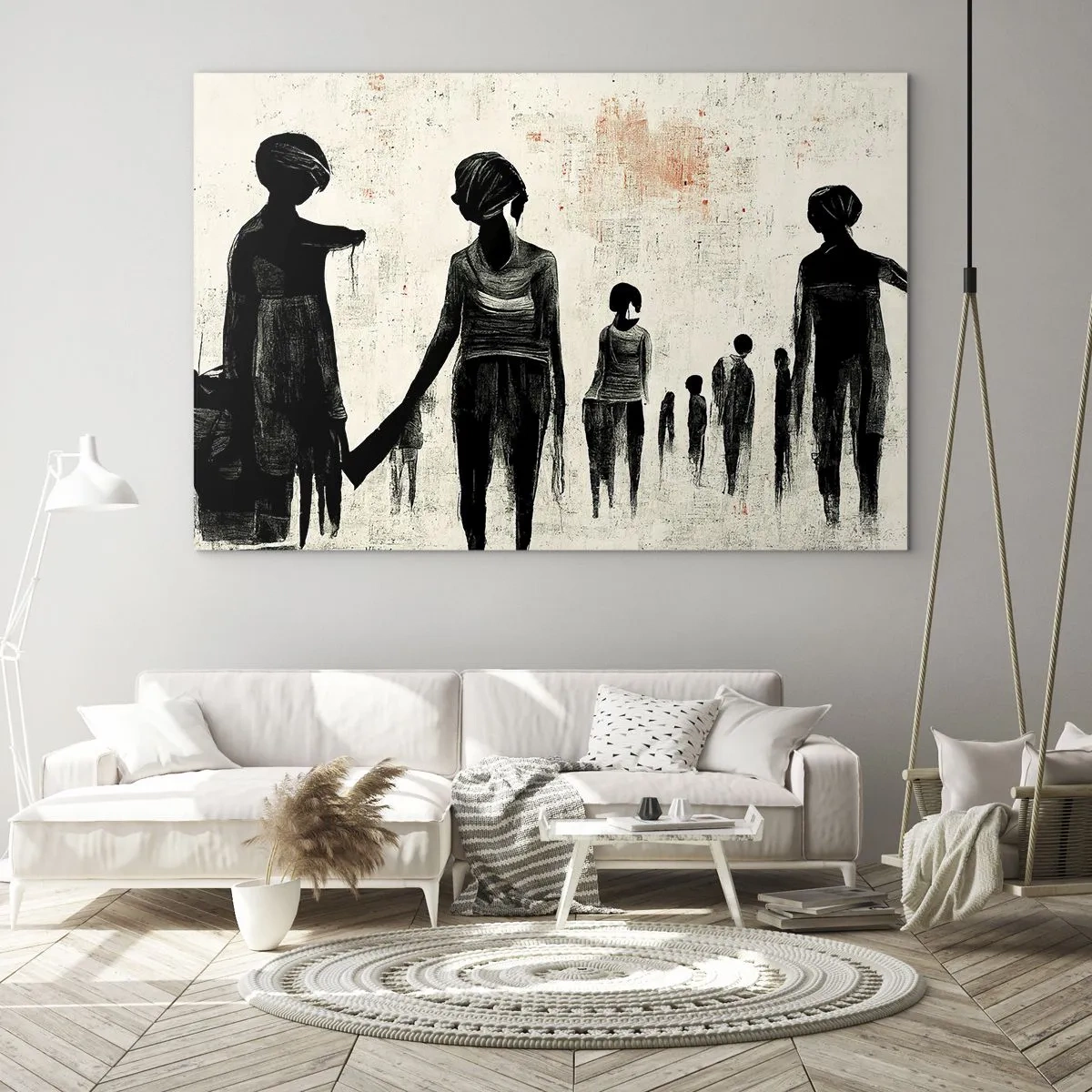 Tablou pe sticlă - Figuri negre în mișcare pe un fundal deschis cu o textură roșie - 70x50cm - Împotriva singurătății - Decorațiune modernă pentru perete pentru living și dormitor ARTTOR