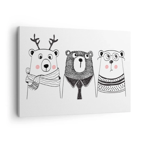 Tablou pe pânză Canvas - Trei urși amuzanți într-un stil minimalist - 70x50cm - Ursuleț, urs - Decorațiune modernă pentru perete pentru living și dormitor ARTTOR