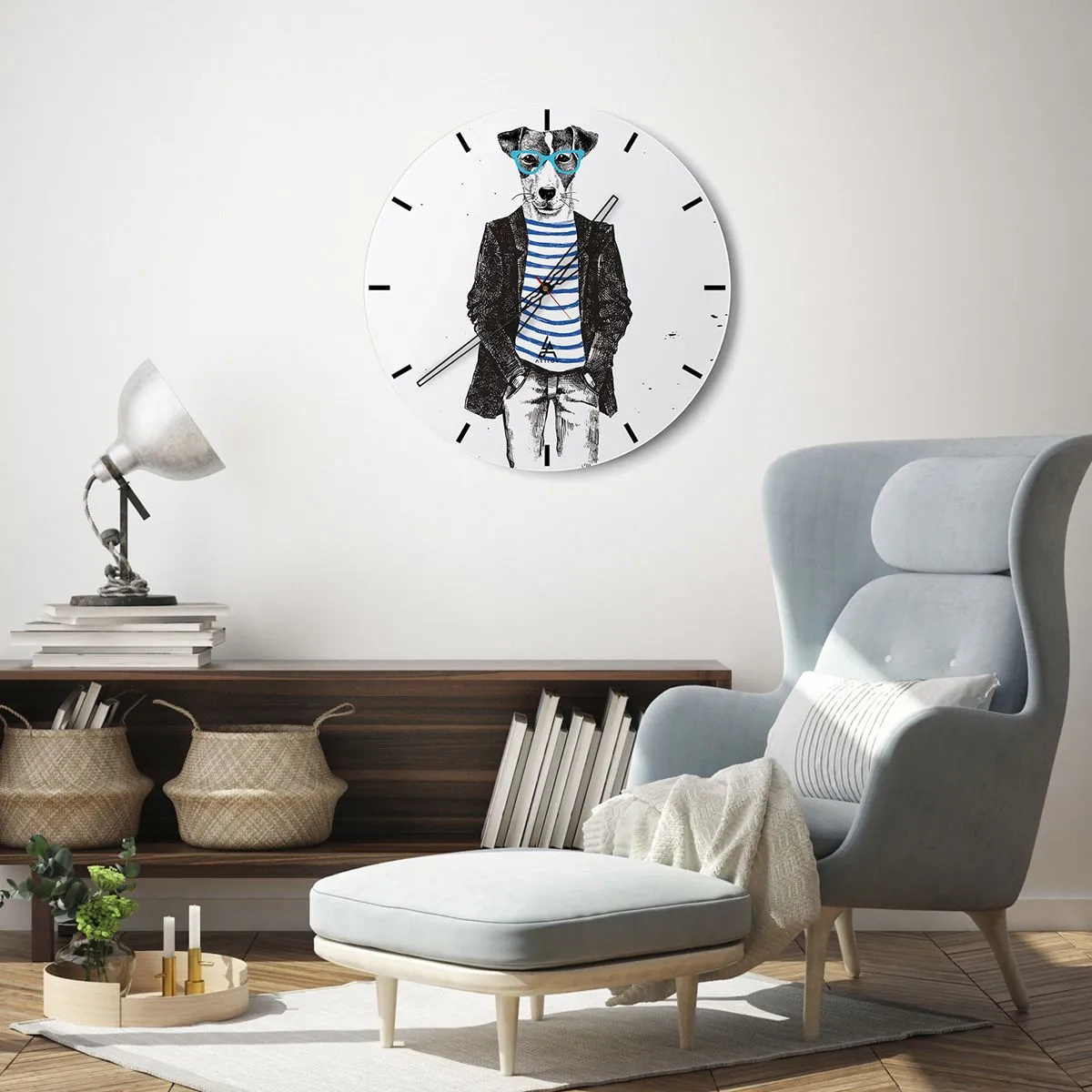 Ceas de perete - Ceas pe sticlă - Un câine cu ochelari și o cămașă de marinar - 30x30cm - Câinele în dungi - Decorațiune modernă pentru perete pentru living, bucătărie și dormitor ARTTOR