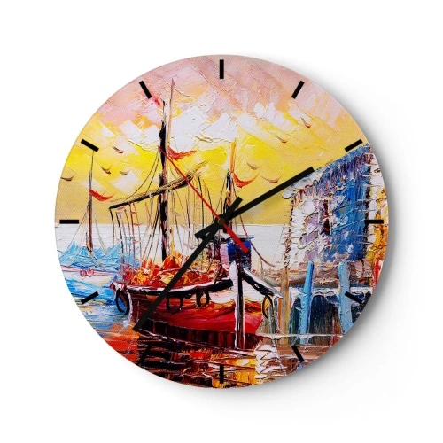 Ceas de perete - Ceas pe sticlă - Bărci cu pânze la chei în lumina soarelui care apune - 30x30cm - Întoarcere fericită - Decorațiune modernă pentru perete pentru living, bucătărie și dormitor ARTTOR