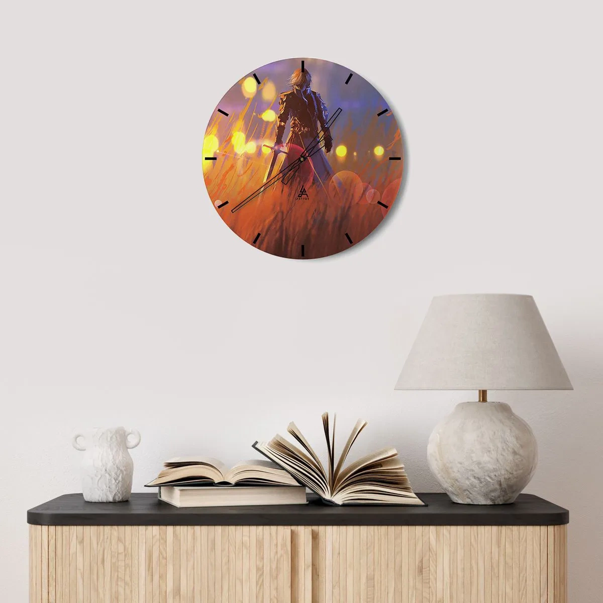 Ceas de perete - Ceas pe sticlă - Figura unui cavaler pe fundalul unui apus luminos - 30x30cm - Cavalerul greșit - Decorațiune modernă pentru perete pentru living, bucătărie și dormitor ARTTOR