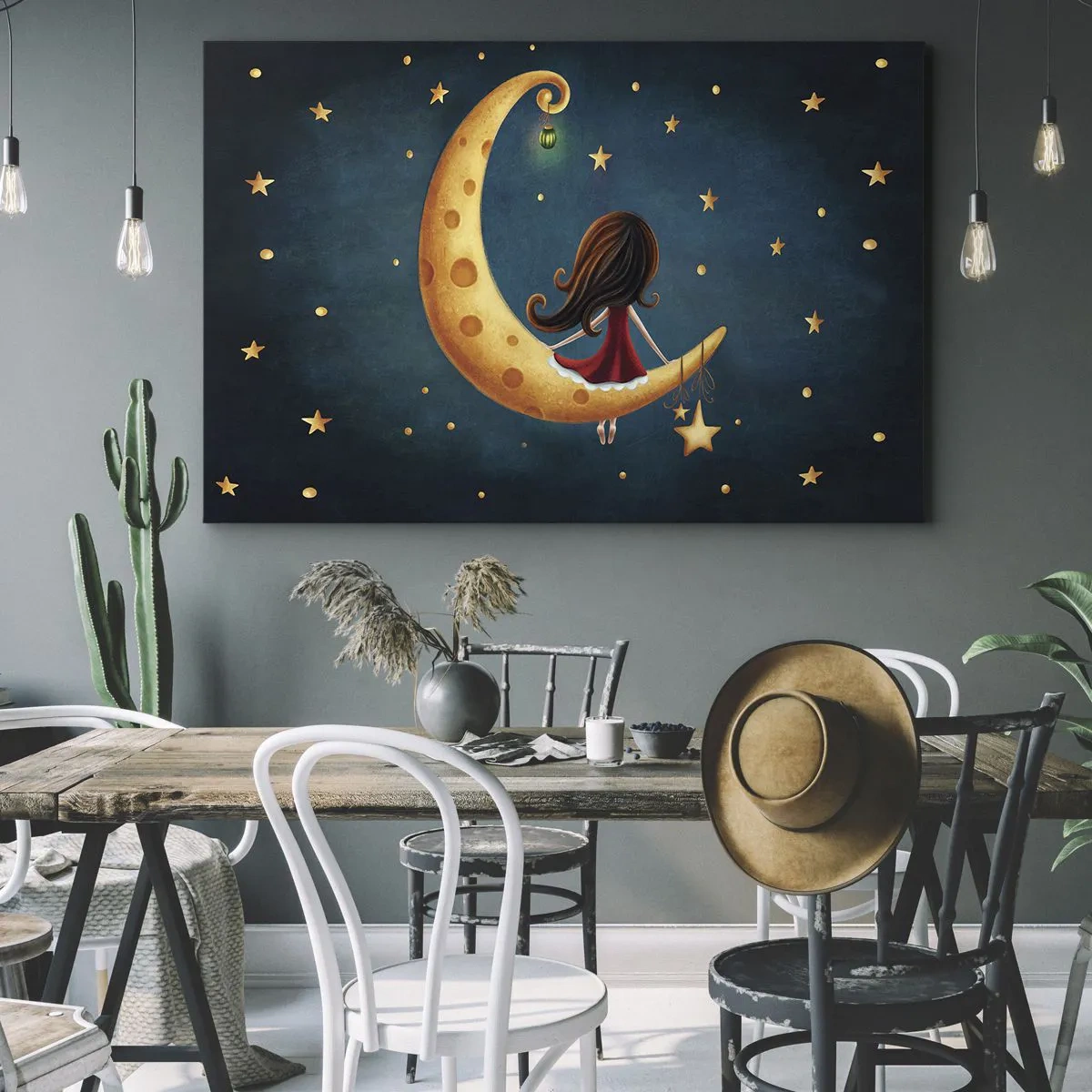 Tablou pe pânză Canvas - O fată pe Lună înconjurată de stele - 70x50cm - A fost odată ca niciodată... - Decorațiune modernă pentru perete pentru living și dormitor ARTTOR