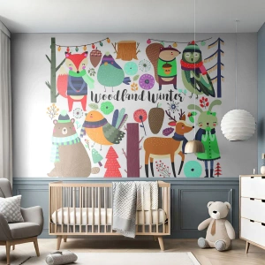 Tapet Premium Sand - Un Crăciun de basm în pădure - Pentru copii, Iarnă În Pădure, Animale - 250x175 cm