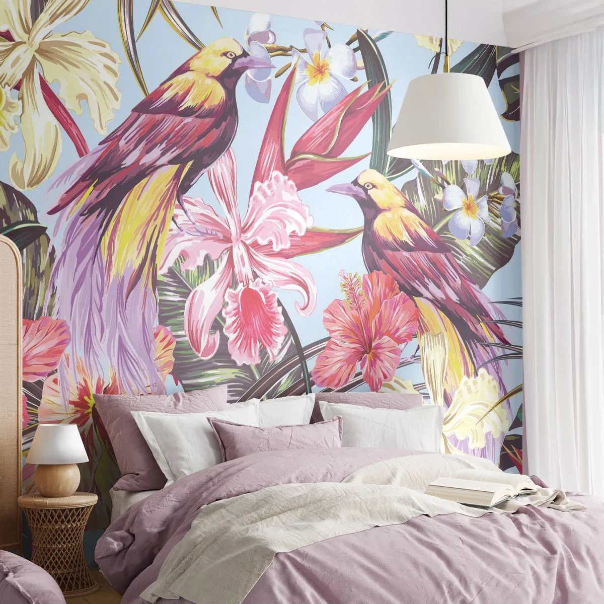 Tapet Standard Eco - Petale și pene - Pasăre, Flori, Grădină - 350x256 cm