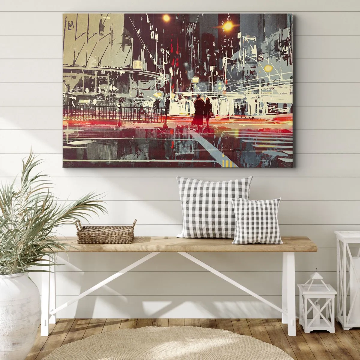 Tablou pe pânză Canvas - Oraș noaptea cu lumini neon și siluete de oameni pe stradă - 70x50cm - O trecere metropolitană - Decorațiune modernă pentru perete pentru living și dormitor ARTTOR