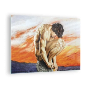 Tablou pe sticlă - Un corp uman gol pe un cer portocaliu intens. - 70x50cm - Ascultându-se pe sine - Decorațiune modernă pentru perete pentru living și dormitor ARTTOR