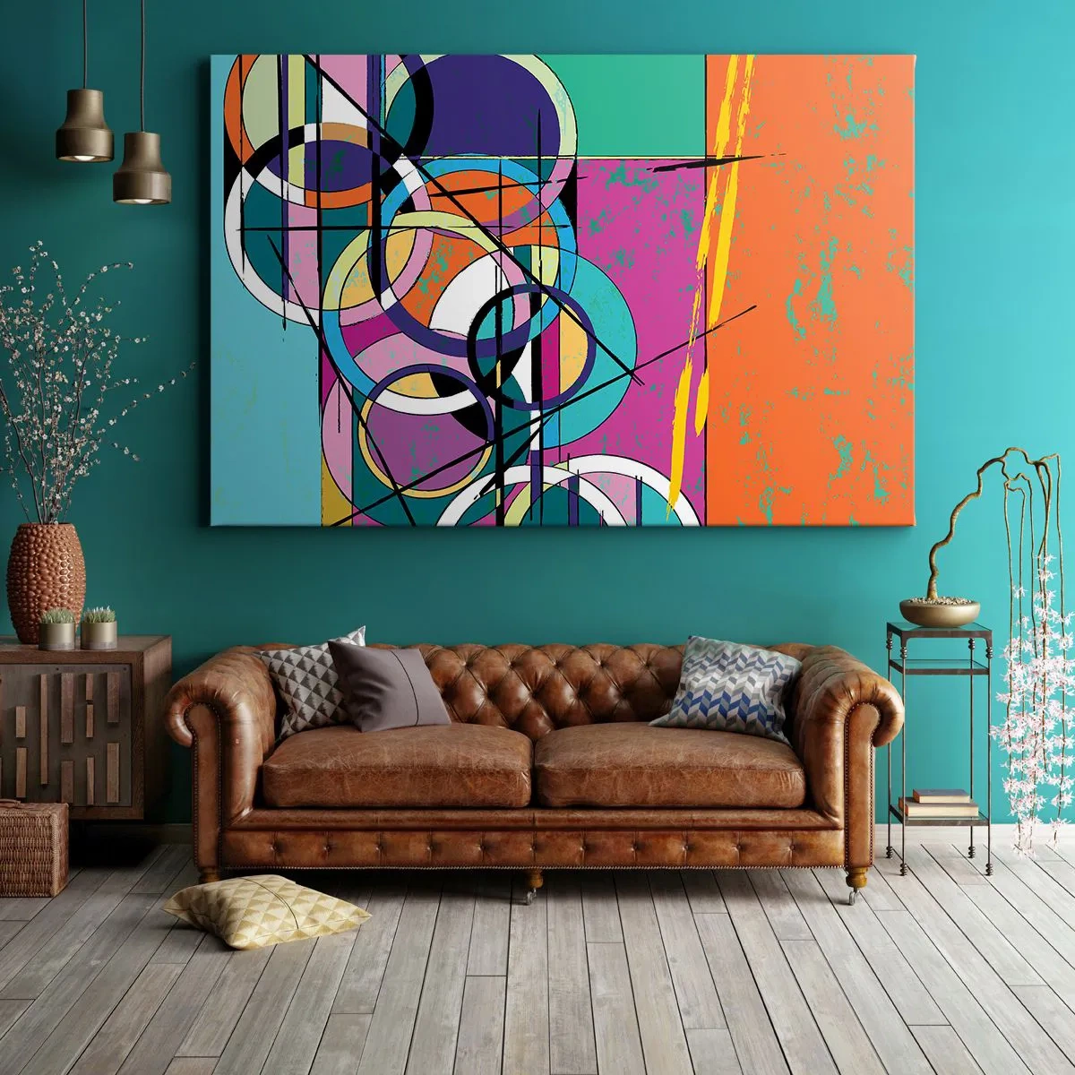 Tablou pe pânză Canvas - Abstracție colorată cu cercuri geometrice - 70x50cm - Roată cu roată - Decorațiune modernă pentru perete pentru living și dormitor ARTTOR