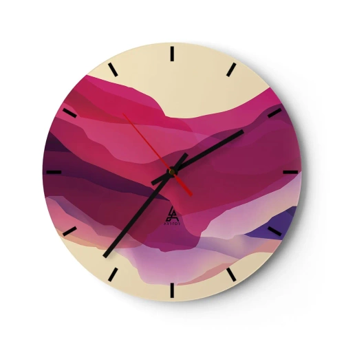 Ceas de perete - Ceas pe sticlă - Model abstract în nuanțe de roz și violet - 30x30cm - Valuri de violet - Decorațiune modernă pentru perete pentru living, bucătărie și dormitor ARTTOR