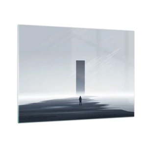 Tablou pe sticlă - Un peisaj minimalist cu o figură și un monolit în depărtare. - 70x50cm - Oportunitate sau amenințare? - Decorațiune modernă pentru perete pentru living și dormitor ARTTOR