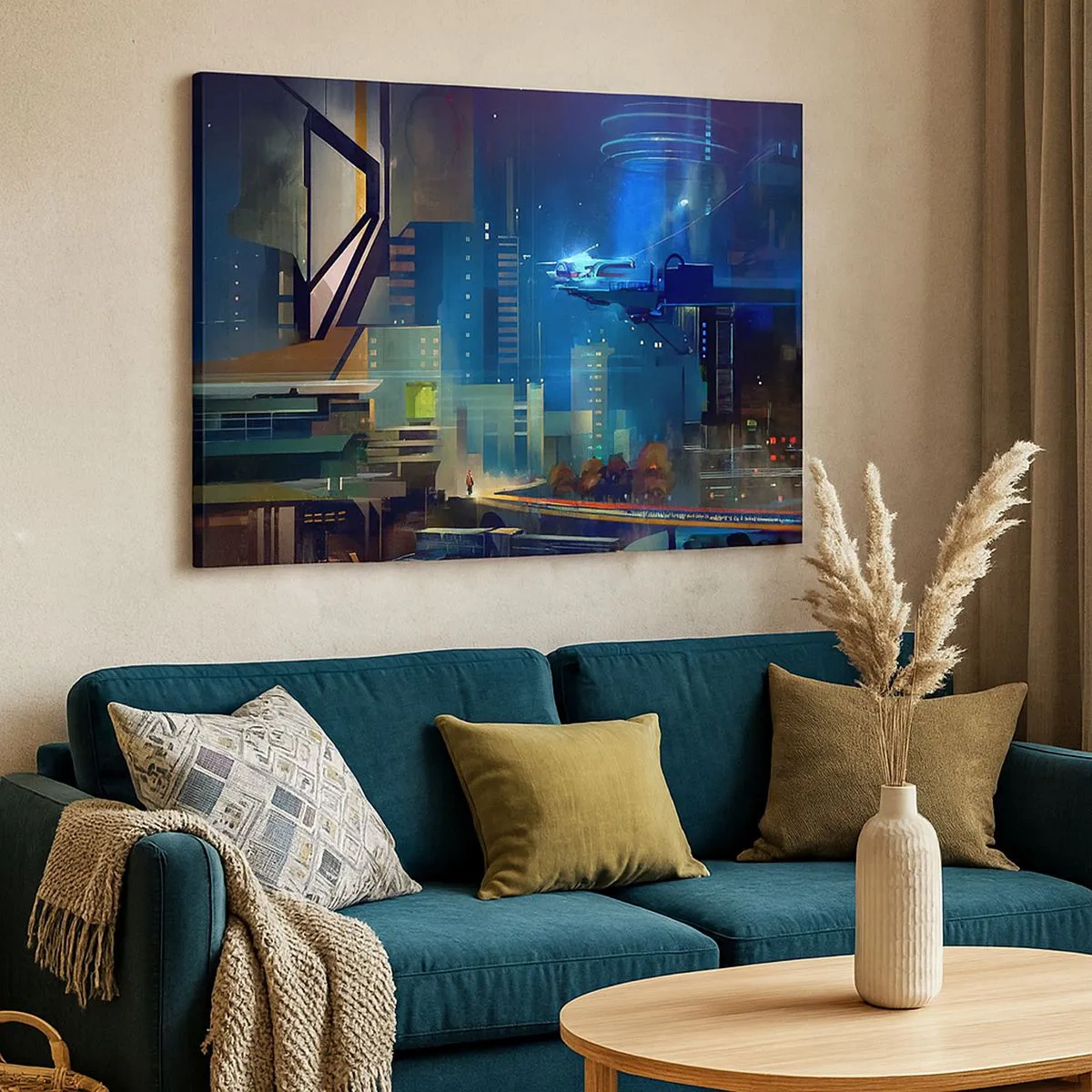 Tablou pe pânză Canvas - Oraș futurist noaptea cu lumini de neon și un vehicul zburător - 70x50cm - În viitorul apropiat - Decorațiune modernă pentru perete pentru living și dormitor ARTTOR