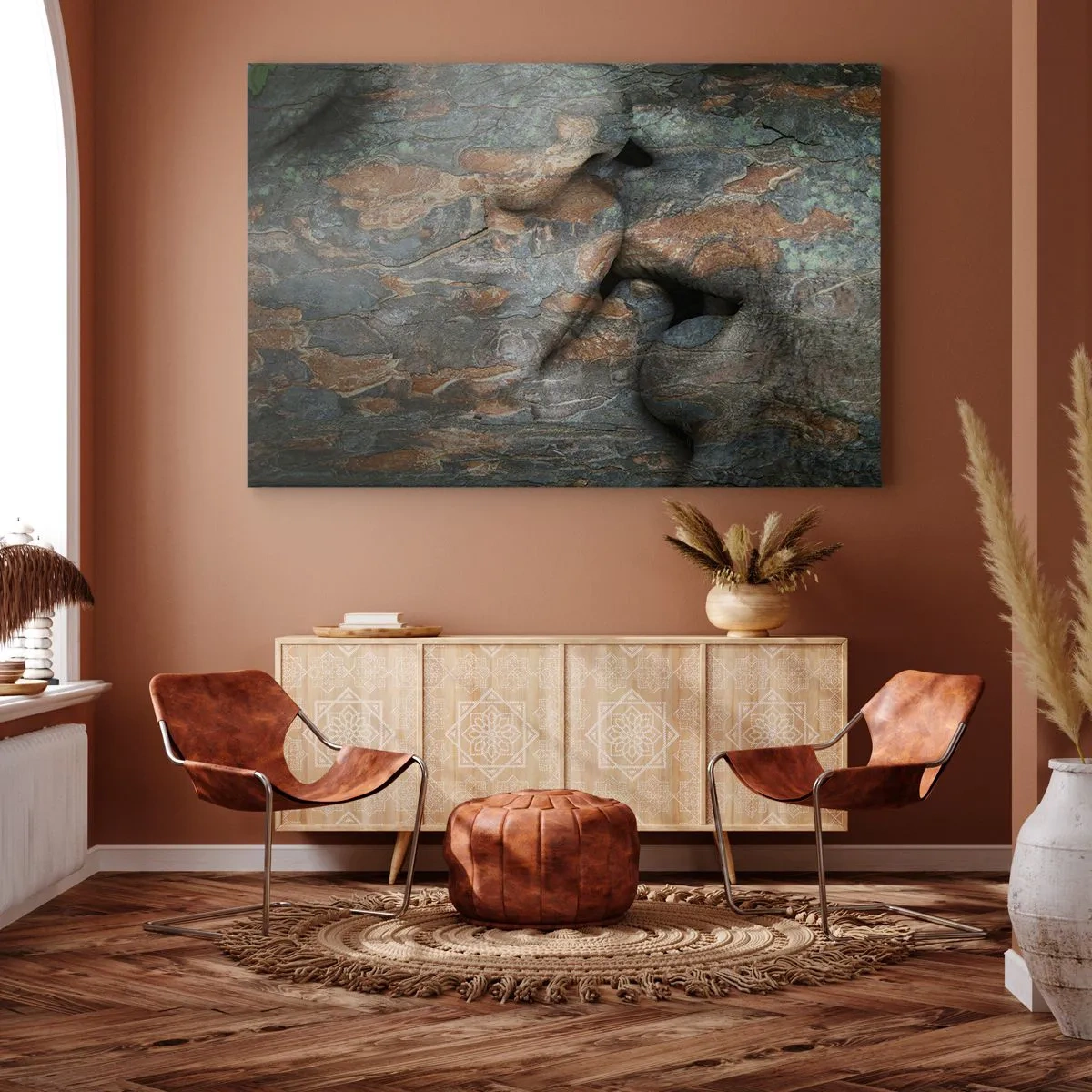 Tablou pe pânză Canvas - Un motiv artistic al unei fețe sculptate în piatră cu un efect de textură naturală. - 70x50cm - Împreună pentru totdeauna - Decorațiune modernă pentru perete pentru living și dormitor ARTTOR