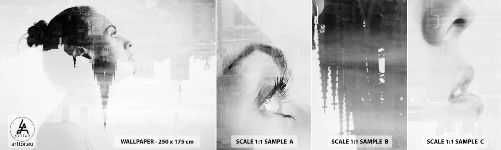 Mostră tapet autocolant Deluxe Sticker - Pe ambele părți ale geamului - Abstracția, Chipul de femeie, Arhitectură - 100x30 cm