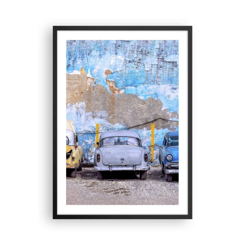 Poster în ramă neagră - Mașini vechi pe un perete albastru uzat - 50x70cm - Întâlnirea veteranilor - Decorațiune modernă pentru perete pentru living și dormitor ARTTOR