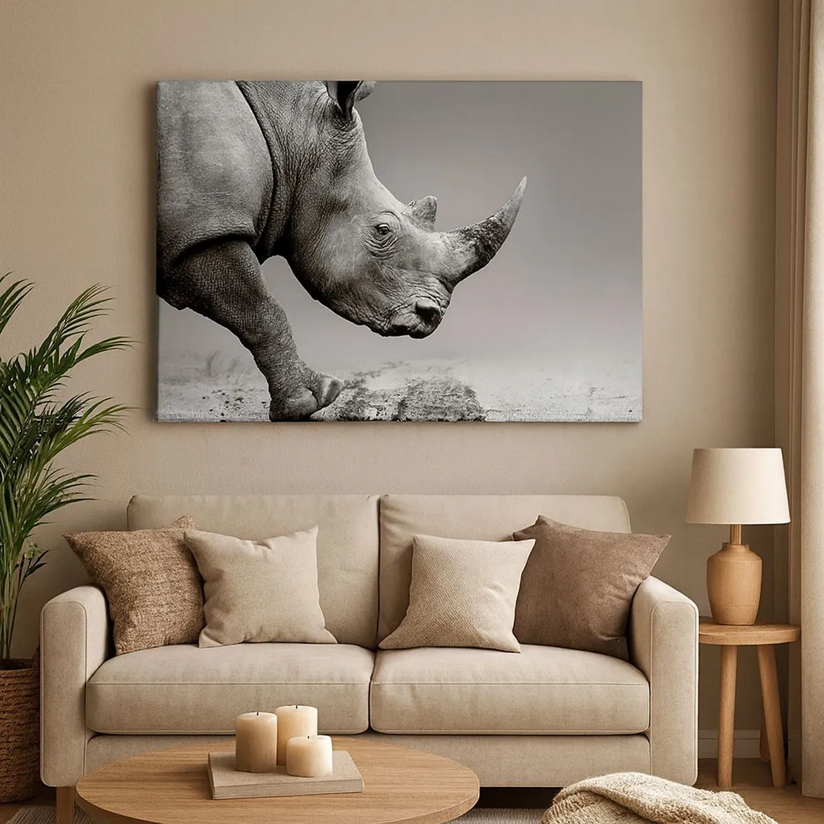 Tablou pe pânză Canvas - Portretul unui rinocer pe fundalul unui deșert gri - 70x50cm - O forță de neoprit - Decorațiune modernă pentru perete pentru living și dormitor ARTTOR