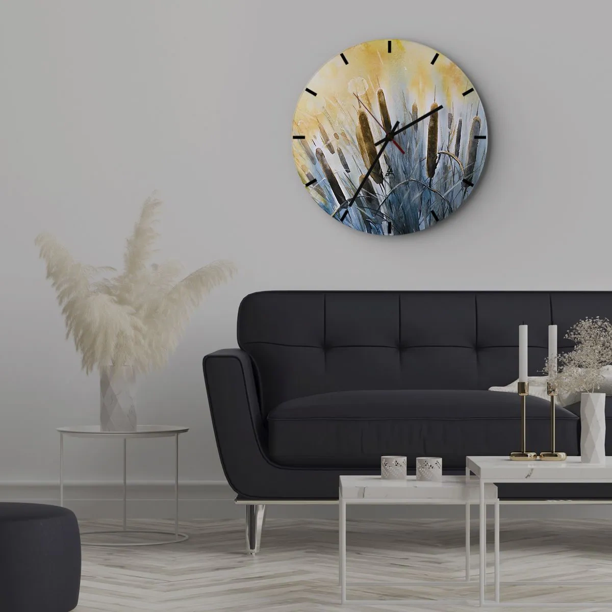 Ceas de perete - Ceas pe sticlă - Stufuri picturale în culorile calde ale apusului - 30x30cm - Răcoarea apei, căldura soarelui - Decorațiune modernă pentru perete pentru living, bucătărie și dormitor ARTTOR