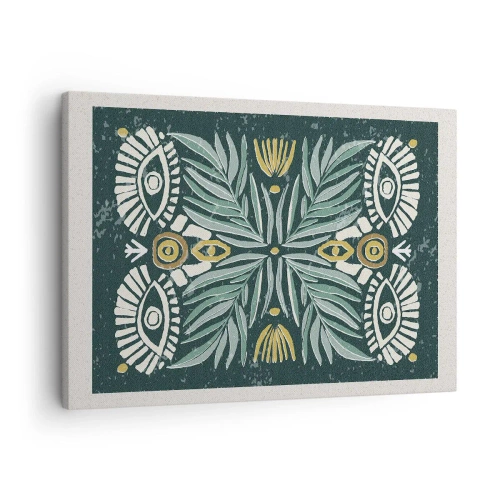 Tablou pe pânză Canvas - Model simetric de plante pe un fundal verde - 70x50cm - Ca un decupaj folcloric - Decorațiune modernă pentru perete pentru living și dormitor ARTTOR