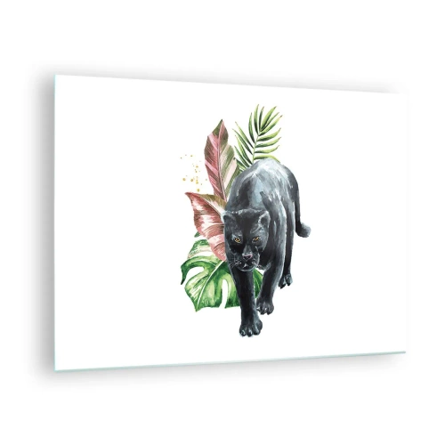 Tablou pe sticlă - Panteră neagră pe un fundal de frunze tropicale în stil acuarelă - 70x50cm - Sălbăticia inimii - Decorațiune modernă pentru perete pentru living și dormitor ARTTOR