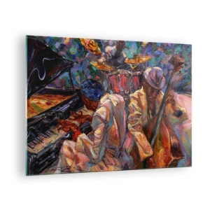 Tablou pe sticlă - O scenă de jazz colorată cu muzicieni și instrumente - 70x50cm - Într-un ritm - Decorațiune modernă pentru perete pentru living și dormitor ARTTOR