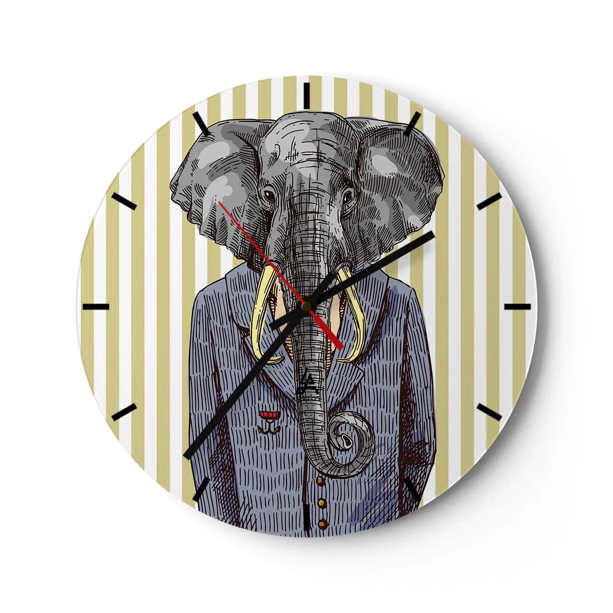 Ceas de perete - Ceas pe sticlă - Un desen elegant al unui elefant în costum pe un fundal de dungi verticale. - 30x30cm - Elegant prin natură - Decorațiune modernă pentru perete pentru living, bucătărie și dormitor ARTTOR