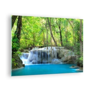 Tablou pe sticlă - O cascadă înconjurată de copaci verzi și apă albastră - 70x50cm - Scufundat în turcoaz și verde - Decorațiune modernă pentru perete pentru living și dormitor ARTTOR