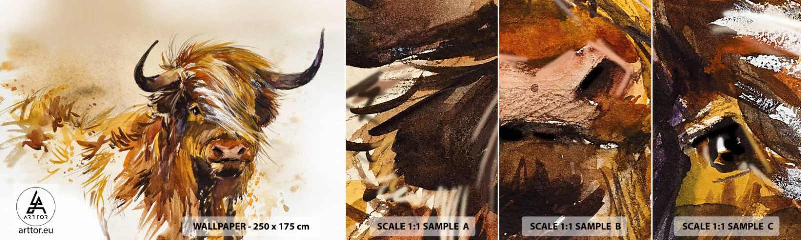 Mostră tapet autocolant Deluxe Sticker - Mândria vânătorului - Animale, Abstracția, bivol scoțian - 100x30 cm