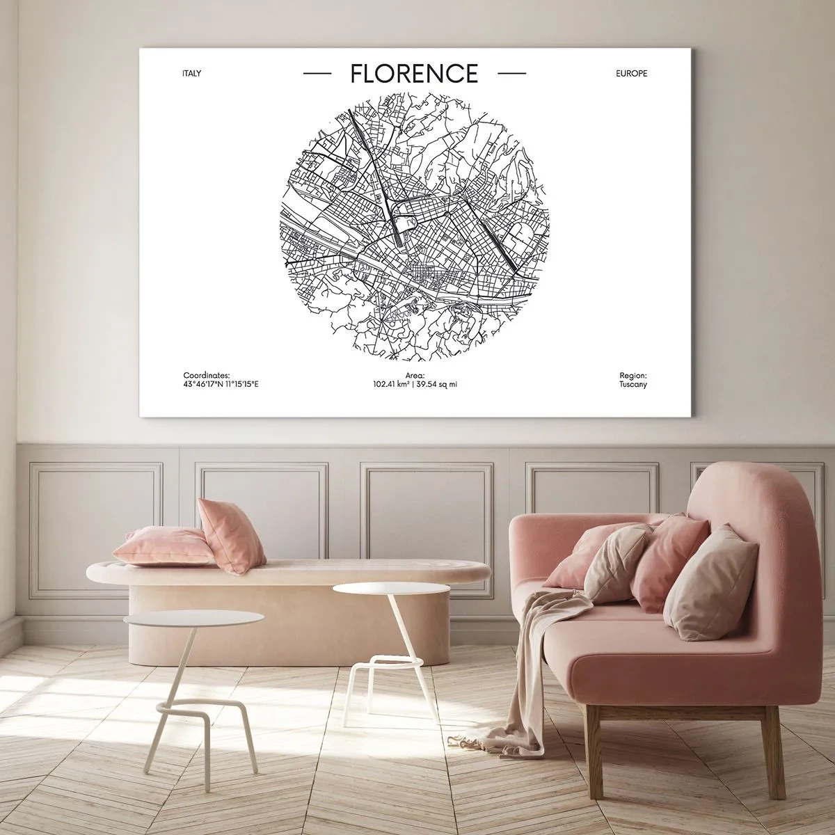 Tablou pe sticlă - Florența sub forma unei hărți stilizate cu o rețea de străzi - 70x50cm - Anatomia Florenței - Decorațiune modernă pentru perete pentru living și dormitor ARTTOR