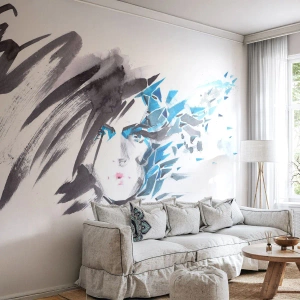 Tapet Premium Canvas - Portret senzual în gri și albastru - Femeie, Chipul de femeie, Abstracția - 500x350 cm