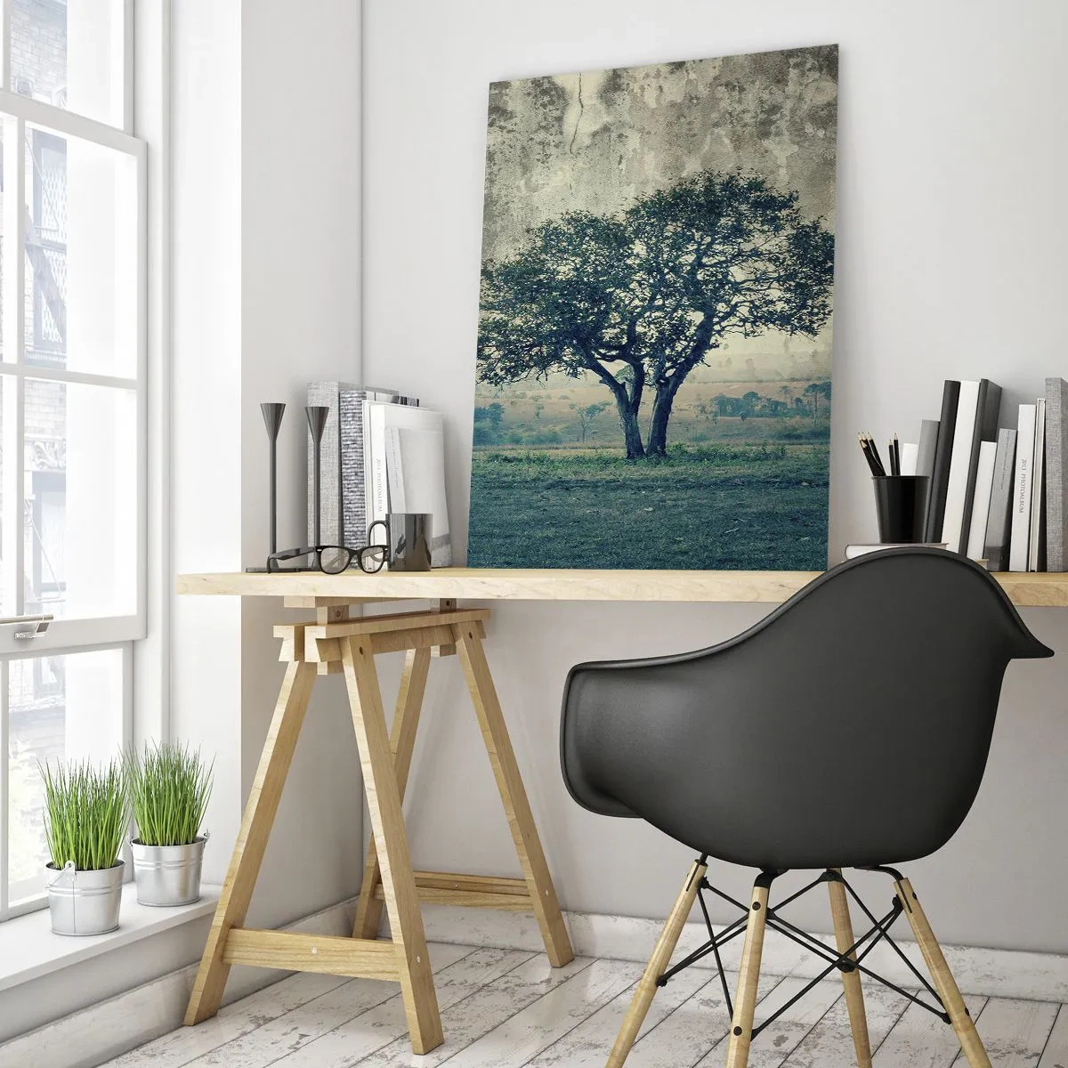 Tablou pe sticlă - Un măr pe o pajiște albastră? - 50x70 cm