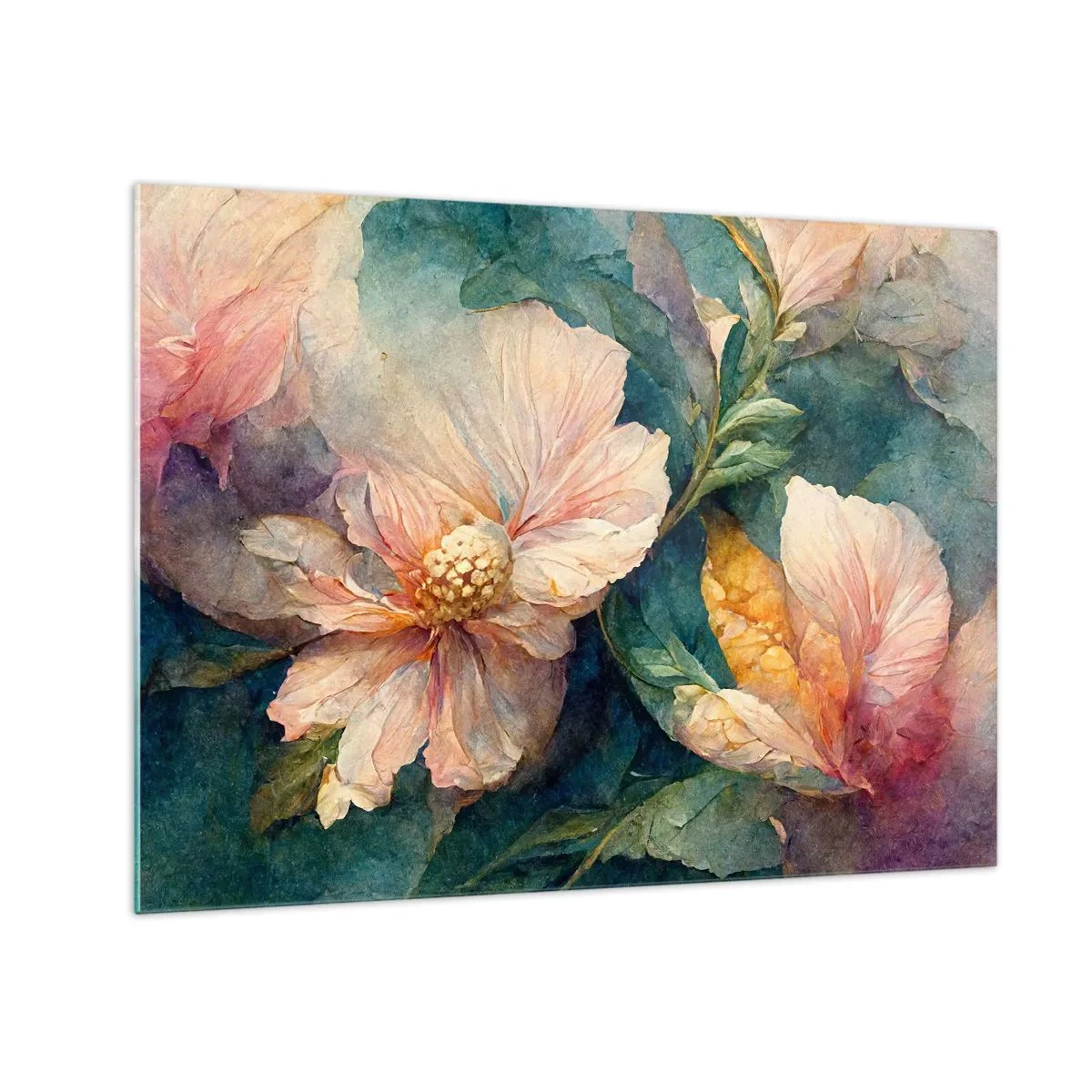 Tablou pe sticlă - Flori delicate în tonuri pastelate de acuarelă - 70x50cm - Subtilitate pură - Decorațiune modernă pentru perete pentru living și dormitor ARTTOR