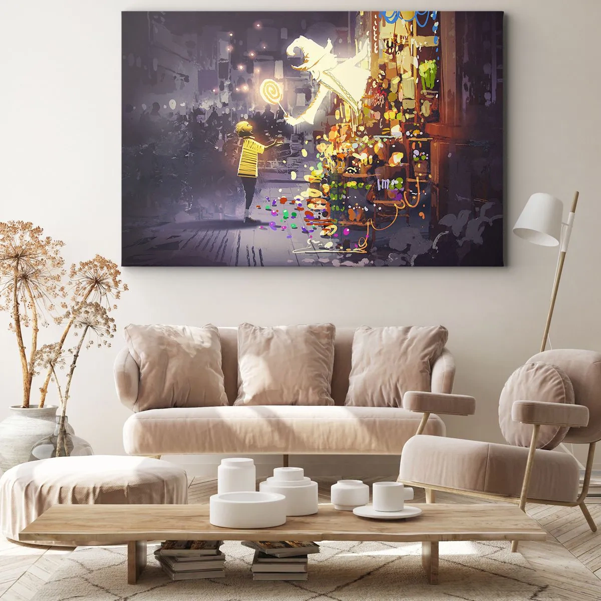 Tablou pe pânză Canvas - Un personaj de basm și un copil pe o stradă plină de lumini și magie - 70x50cm - Vrăjitoria există - Decorațiune modernă pentru perete pentru living și dormitor ARTTOR