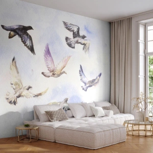 Tapet Premium Canvas - Libertatea în gri și albastru - Păsări, Grafică, Bucată - 400x280 cm