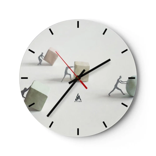 Ceas de perete - Ceas pe sticlă - Figuri care împing cuburi și o minge care simbolizează efortul - 30x30cm - Viața însăși - Decorațiune modernă pentru perete pentru living, bucătărie și dormitor ARTTOR