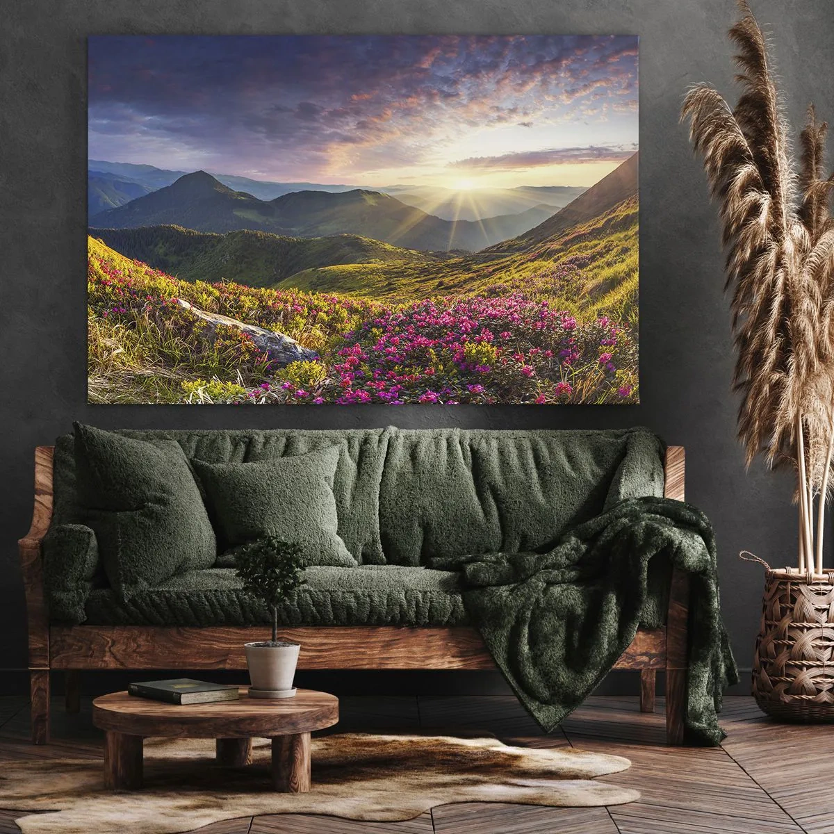 Tablou pe pânză Canvas - Peisaj montan cu rododendroni înfloriți - 70x50cm - Prospețimea unei dimineți de munte - Decorațiune modernă pentru perete pentru living și dormitor ARTTOR