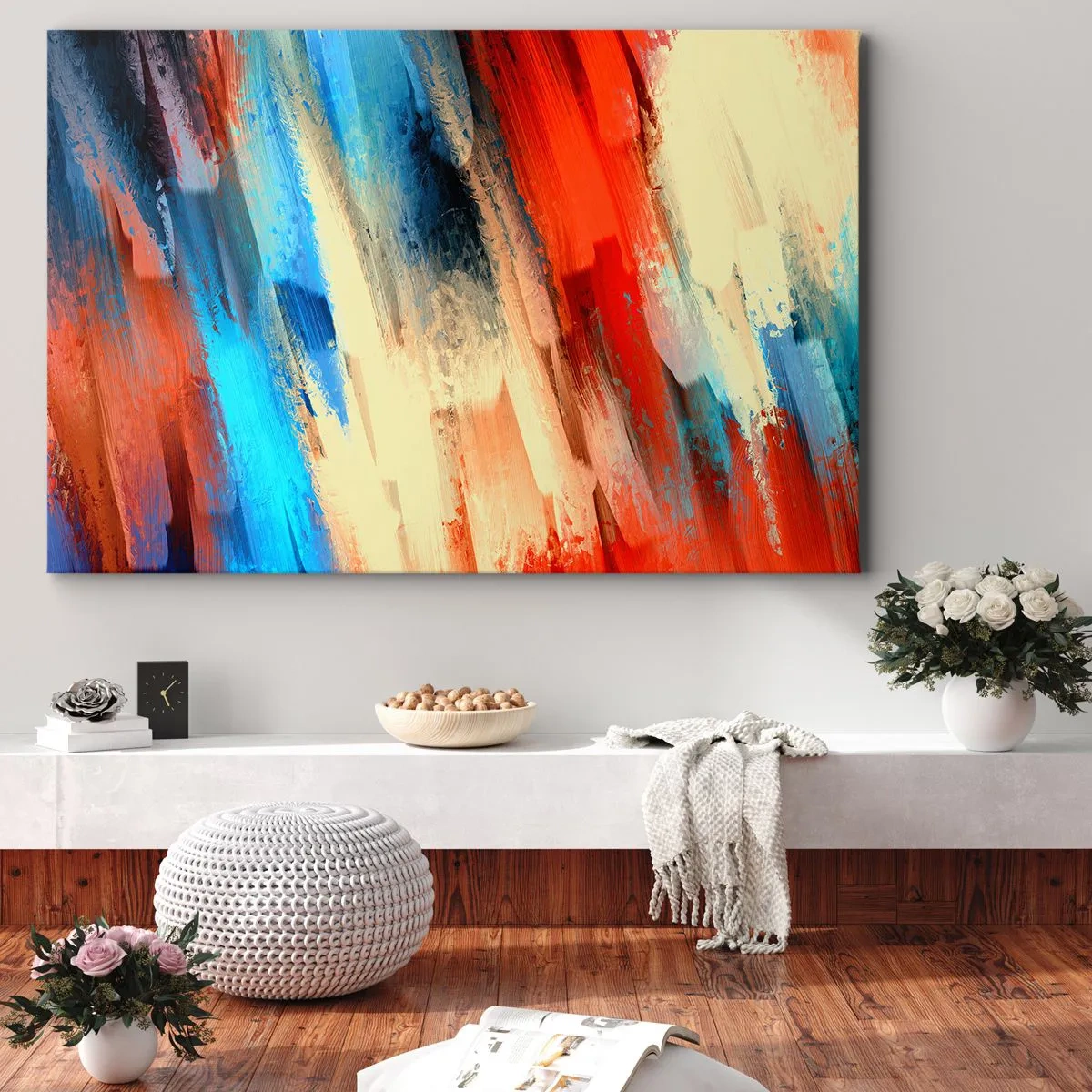 Tablou pe pânză Canvas - Tușă de pensulă abstractă în nuanțe de albastru și portocaliu - 70x50cm - O cascadă de culori - Decorațiune modernă pentru perete pentru living și dormitor ARTTOR