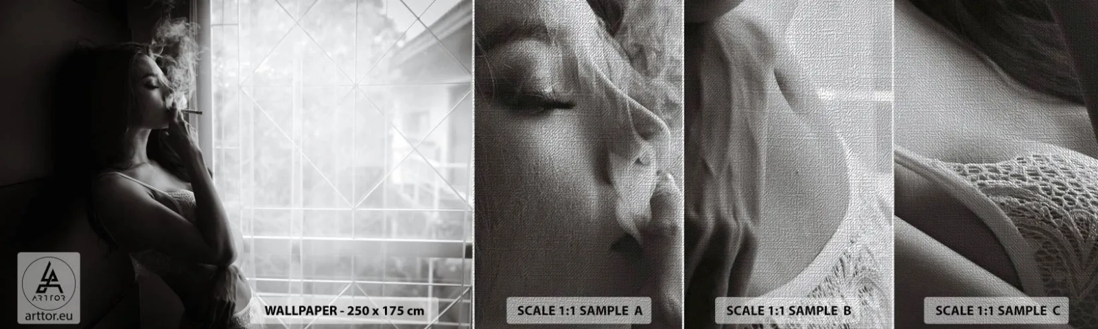 Mostră tapet Premium Canvas - Un moment senzual - Femeie, Ţigară, Dormitor - 100x30 cm