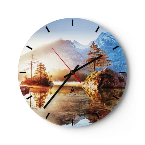 Ceas de perete - Ceas pe sticlă - Un lac de munte cu insule și copaci în razele soarelui - 30x30cm - Natura într-o nouă lumină - Decorațiune modernă pentru perete pentru living, bucătărie și dormitor ARTTOR