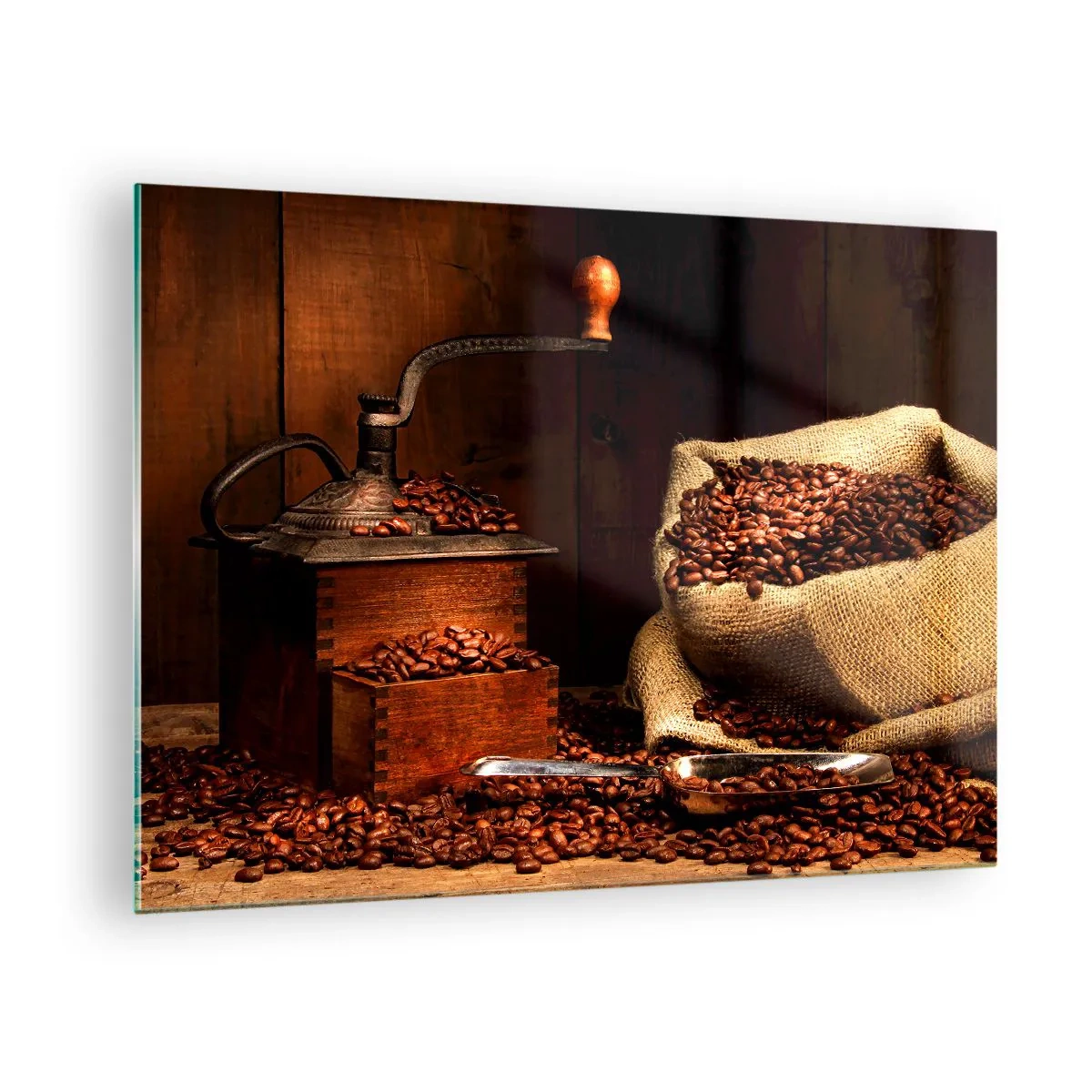 Tablou pe sticlă - O râșniță de cafea veche cu boabe și un plic de cafea - 70x50cm - Natură moartă cu boabe de cafea și măcinător - Decorațiune modernă pentru perete pentru living și dormitor ARTTOR