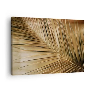 Tablou pe pânză Canvas - Frunză de palmier aurie pe un fundal solid - 70x50cm - Colonadă naturală - Decorațiune modernă pentru perete pentru living și dormitor ARTTOR