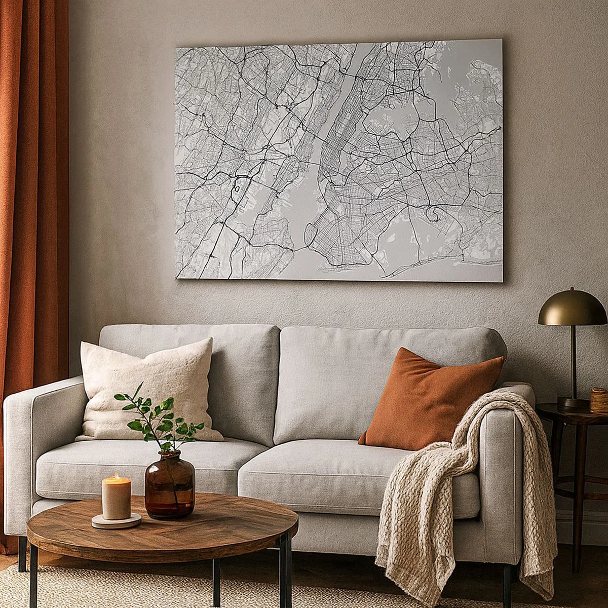 Tablou pe pânză Canvas - O hartă a orașului în stil minimalist pe fundal gri - 70x50cm - Anatomia unei metropole - Decorațiune modernă pentru perete pentru living și dormitor ARTTOR