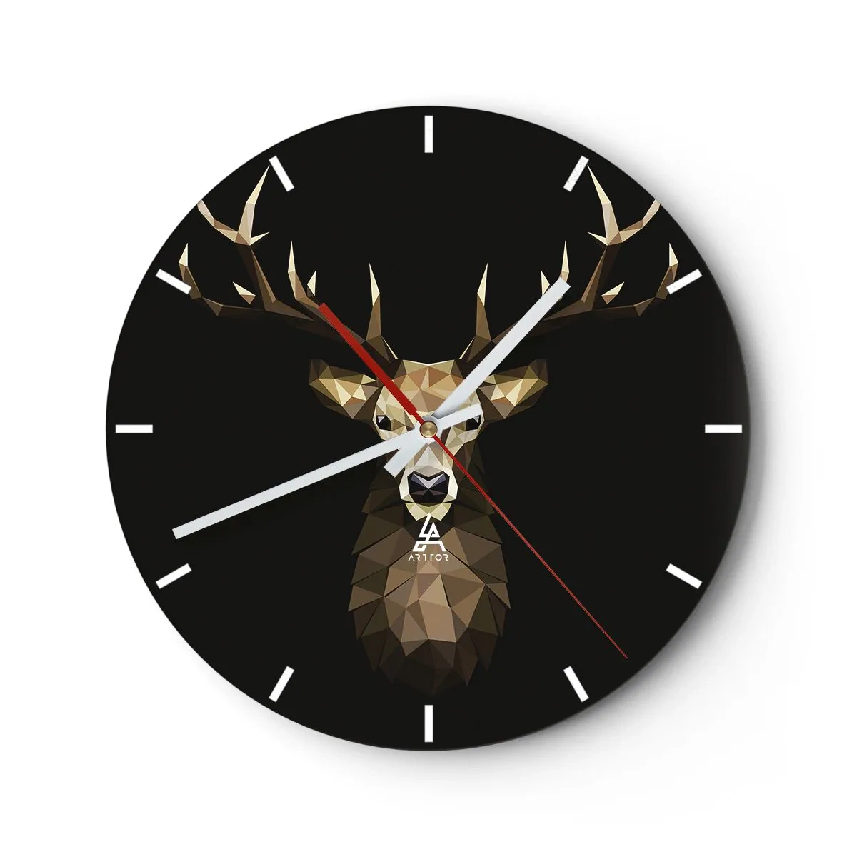 Ceas de perete - Ceas pe sticlă - Imagine geometrică a unui cerb pe fundal negru - 30x30cm - Cerb cubist - Decorațiune modernă pentru perete pentru living, bucătărie și dormitor ARTTOR