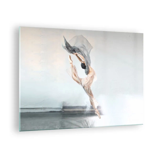 Tablou pe sticlă - O balerină execută o săritură dinamică în lumină blândă. - 70x50cm - În exaltare de dans - Decorațiune modernă pentru perete pentru living și dormitor ARTTOR