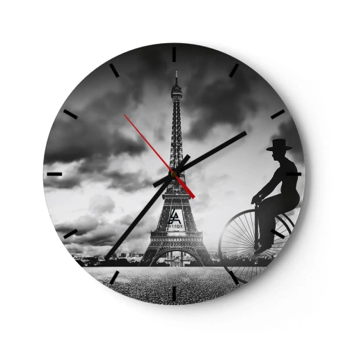 Ceas de perete - Ceas pe sticlă - Turnul Eiffel cu un ciclist pe un cer dramatic - 30x30cm - Dorul de Belle Epoque - Decorațiune modernă pentru perete pentru living, bucătărie și dormitor ARTTOR