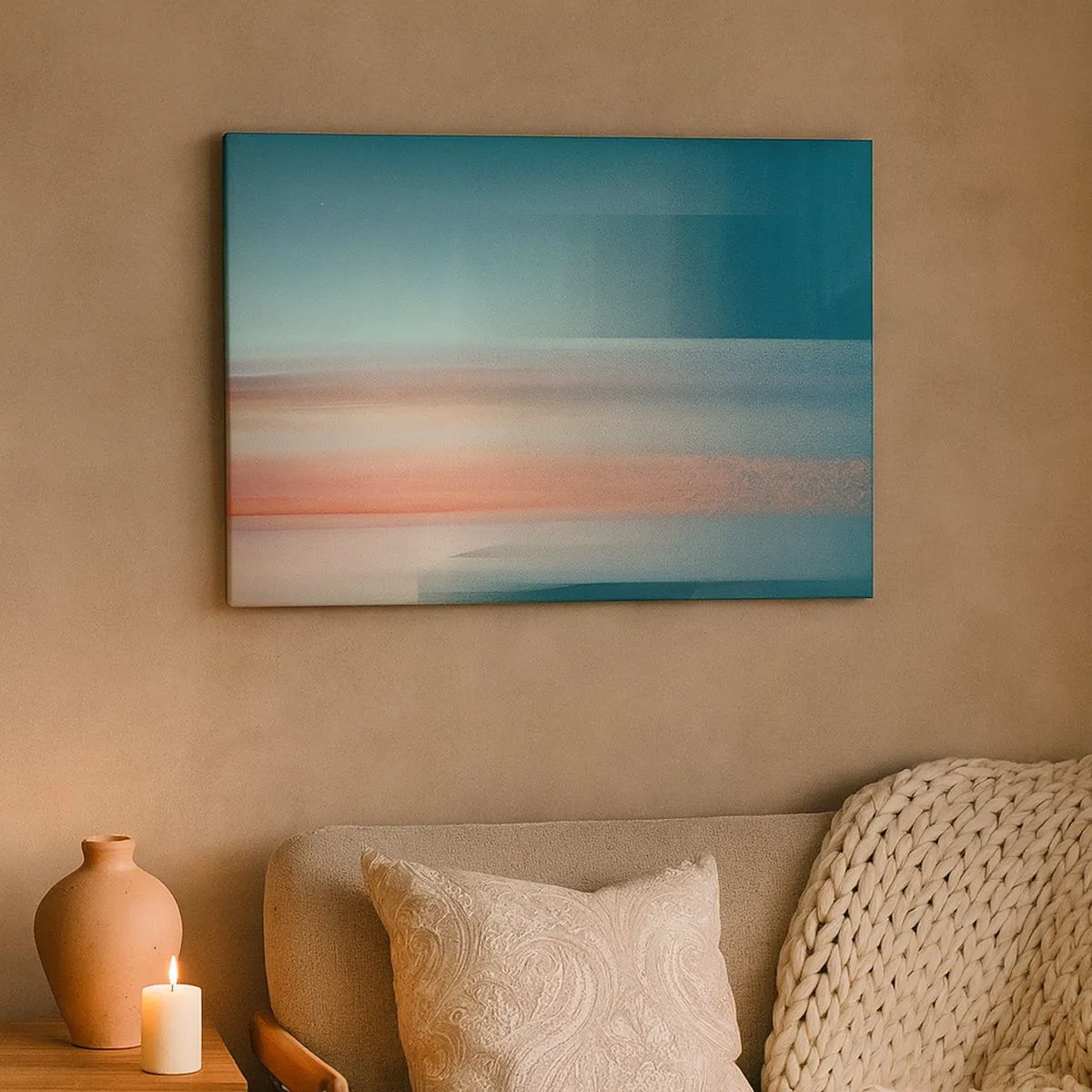 Tablou pe pânză Canvas - Un apus de soare în nuanțe pastelate peste un orizont calm - 70x50cm - Abstracție: unde de lumină - Decorațiune modernă pentru perete pentru living și dormitor ARTTOR