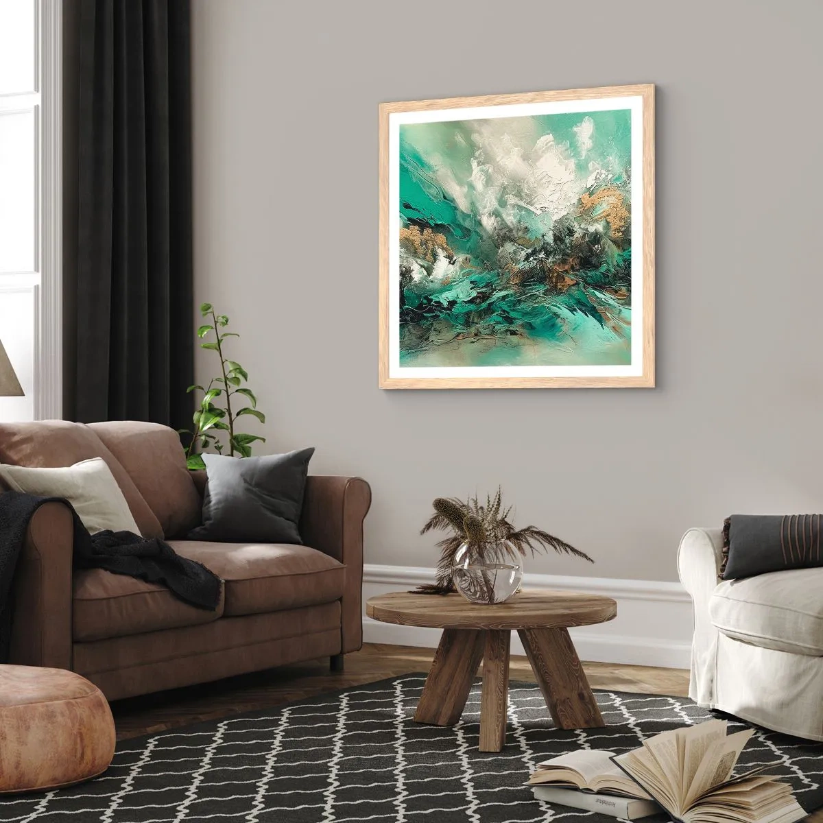 Poster în ramă de stejar deschis - Fierbere negru-smarald - 30x30 cm