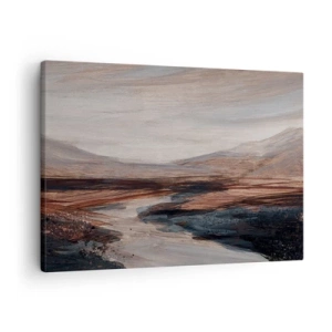 Tablou pe pânză Canvas - Un peisaj pitoresc cu un râu și munți - 70x50cm -  Valea liniștită - Decorațiune modernă pentru perete pentru living și dormitor ARTTOR