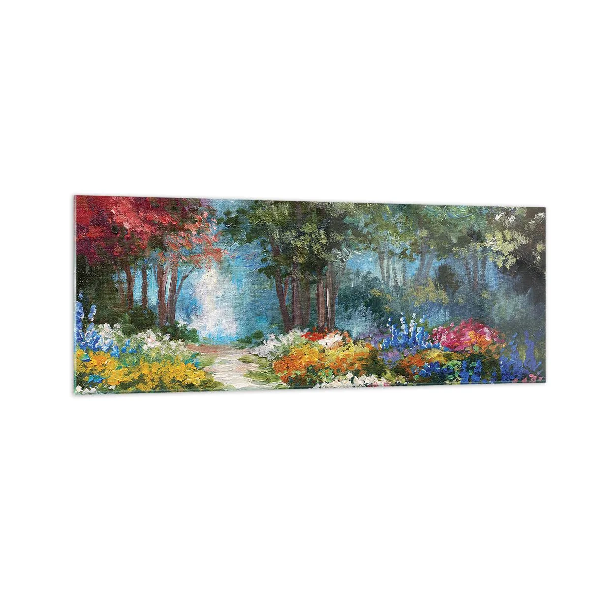 Tablou pe sticlă - Grădină de pădure, pădure de flori - 140x50 cm