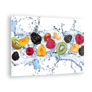 Tablou pe sticlă - Fructe colorate în apă pe fundal alb - 70x50cm - Joacă-te cu noi - Decorațiune modernă pentru perete pentru living și dormitor ARTTOR