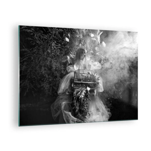 Tablou pe sticlă - Femeie într-o rochie din tul cu model de cușcă și o coroană din plante în alb și negru - 70x50cm - Mama însăși - Natura - Decorațiune modernă pentru perete pentru living și dormitor ARTTOR