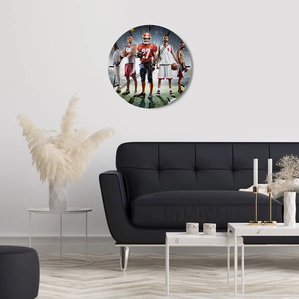 Ceas de perete - Ceas pe sticlă - Un grup de sportivi pe fundalul unui stadion iluminat de reflectoare - 30x30cm - Gladiatori ai terenului de joc - Decorațiune modernă pentru perete pentru living, bucătărie și dormitor ARTTOR