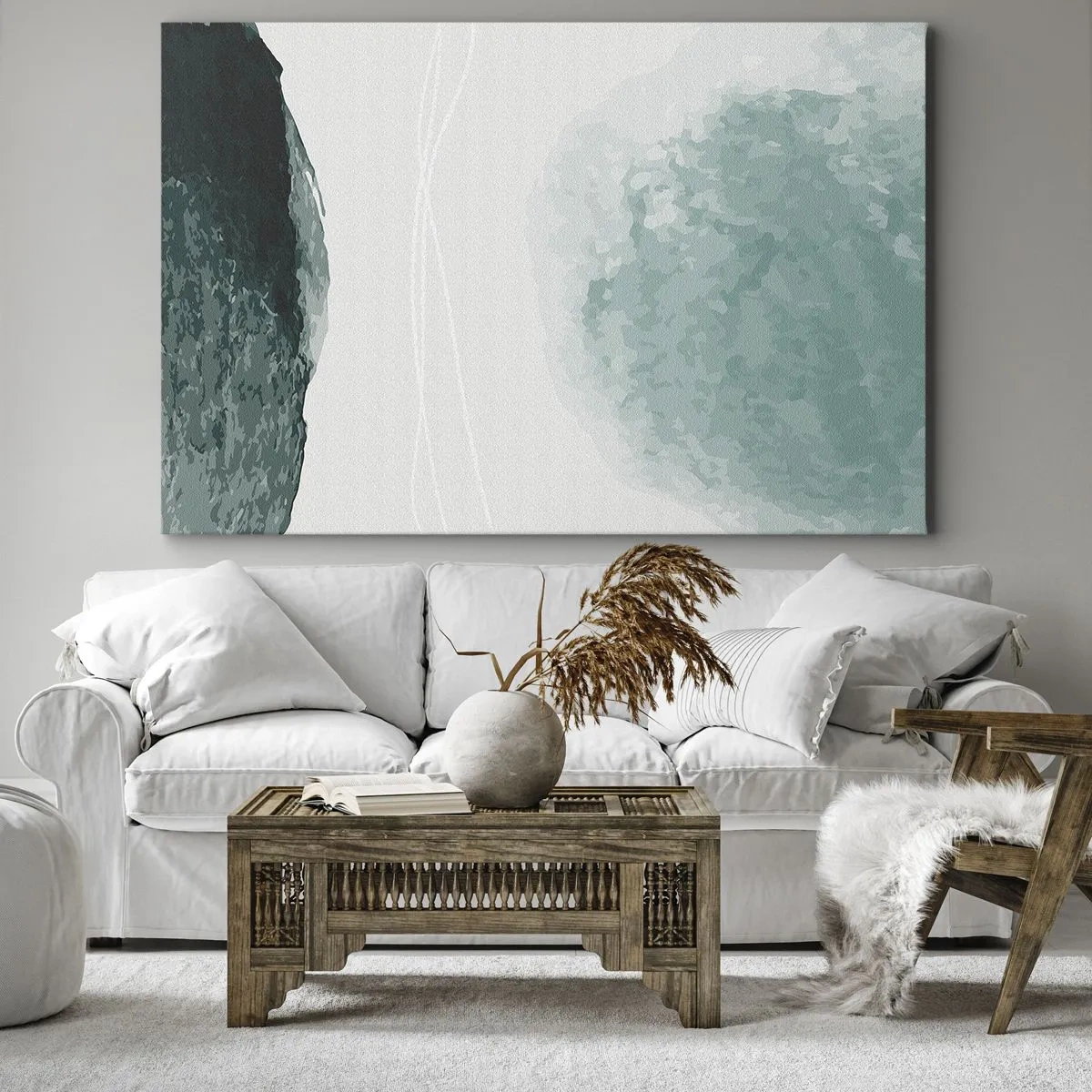 Tablou pe pânză Canvas - O compoziție abstractă delicată în nuanțe de verde cu forme subtile pe un fundal deschis. - 70x50cm - Întâlnire cu ceața - Decorațiune modernă pentru perete pentru living și dormitor ARTTOR